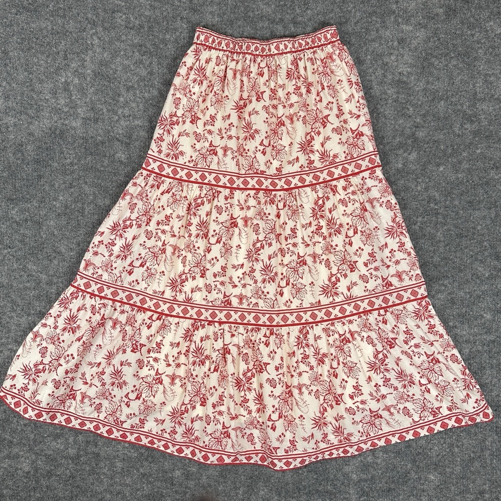 Japna Red Floral Two Piece Set Women's Small Smocked Crop Top Tiered Maxi Skirt - Picture 6 of 14